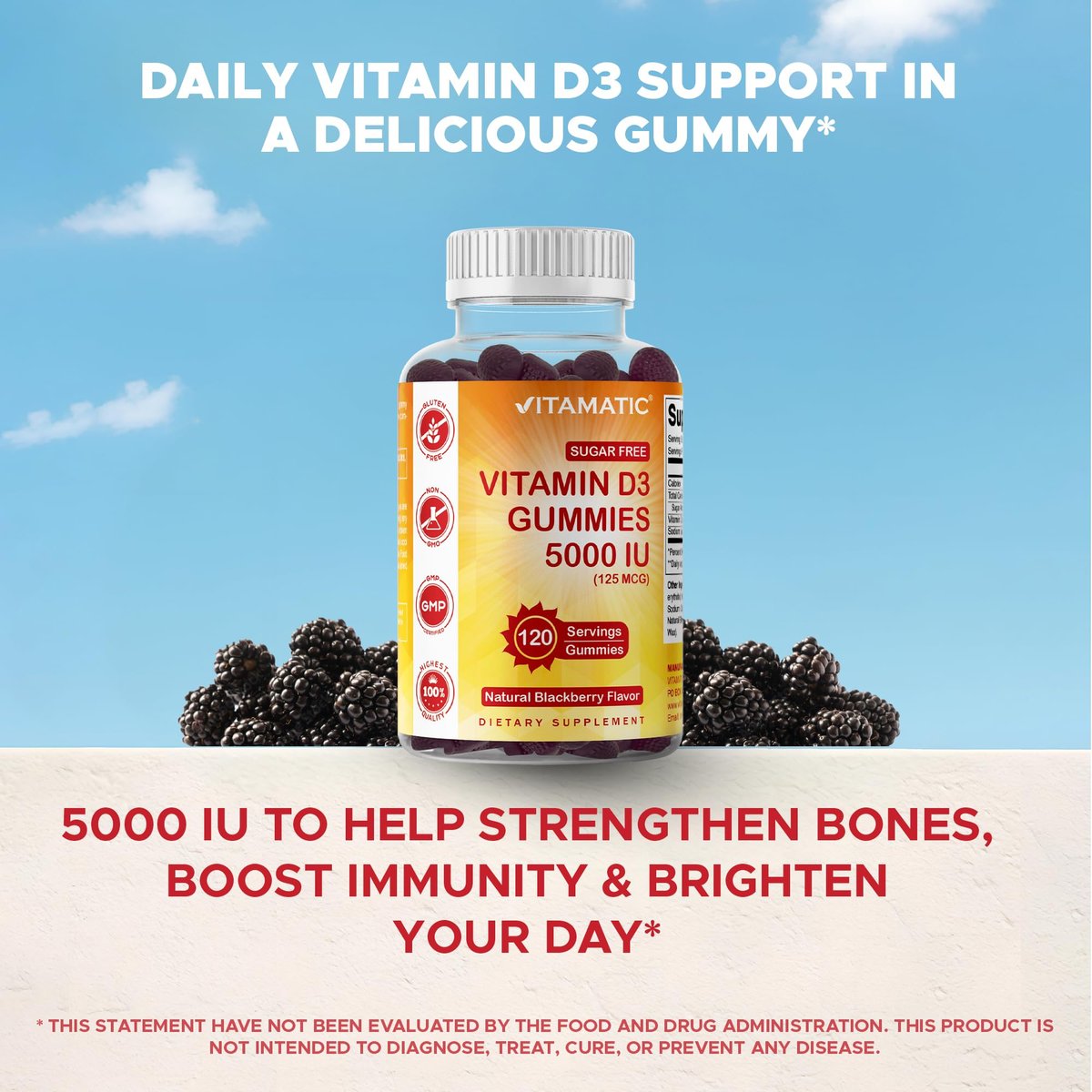 Vitamatic Vitamin D3 5000 IE – 120 zuckerfreie Gummis – Für Knochen, Stimmung & Immunsystem – Non-GMO