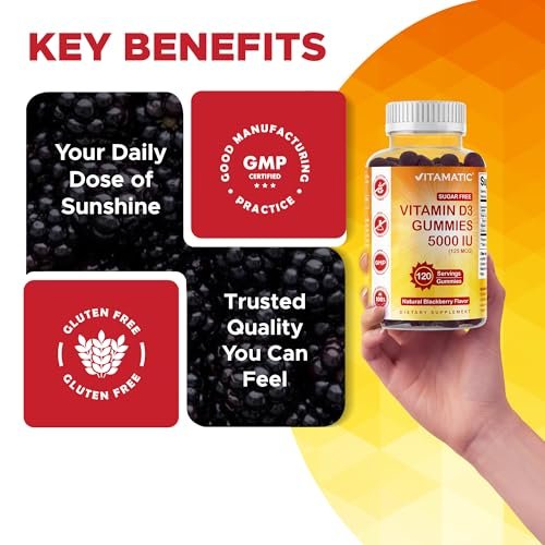 Vitamatic Vitamin D3 5000 IE – 120 zuckerfreie Gummis – Für Knochen, Stimmung & Immunsystem – Non-GMO