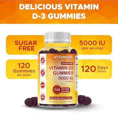 Vitamatic Vitamin D3 5000 IE – 120 zuckerfreie Gummis – Für Knochen, Stimmung & Immunsystem – Non-GMO