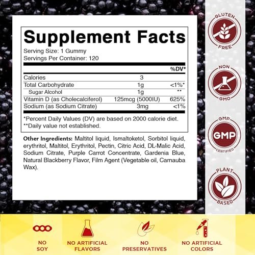 Vitamatic Vitamin D3 5000 IE – 120 zuckerfreie Gummis – Für Knochen, Stimmung & Immunsystem – Non-GMO