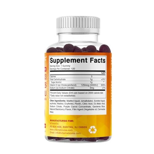 Vitamatic Vitamin D3 5000 IE – 120 zuckerfreie Gummis – Für Knochen, Stimmung & Immunsystem – Non-GMO