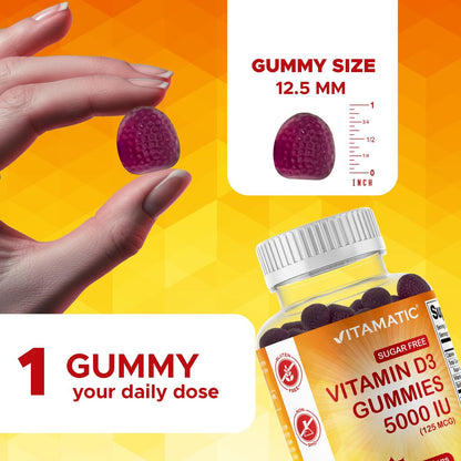 Vitamatic Vitamin D3 5000 IE – 120 zuckerfreie Gummis – Für Knochen, Stimmung & Immunsystem – Non-GMO