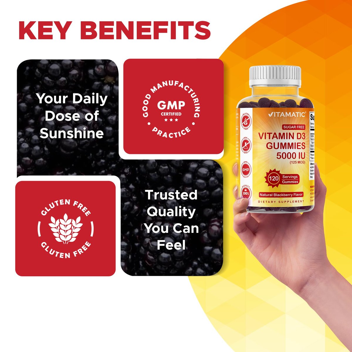 Vitamatic Vitamin D3 5000 IE – 120 zuckerfreie Gummis – Für Knochen, Stimmung & Immunsystem – Non-GMO