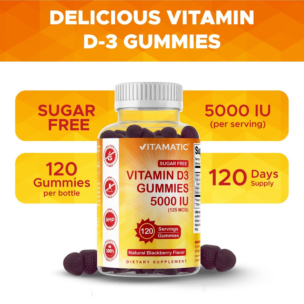 Vitamatic Vitamin D3 5000 IE – 120 zuckerfreie Gummis – Für Knochen, Stimmung & Immunsystem – Non-GMO