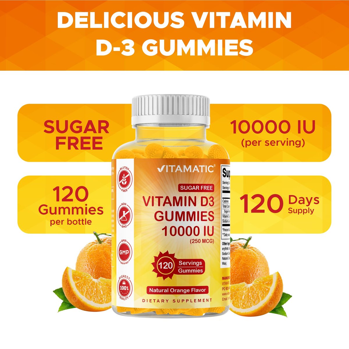 Vitamatic Zuckerfreies Vitamin D3 10000 IE – 120 Pektinbasierte Gummis – Großartiger Geschmack – Für gesunde Knochen, Stimmung & Immunsystem – Non-GMO – 120 Portionen
