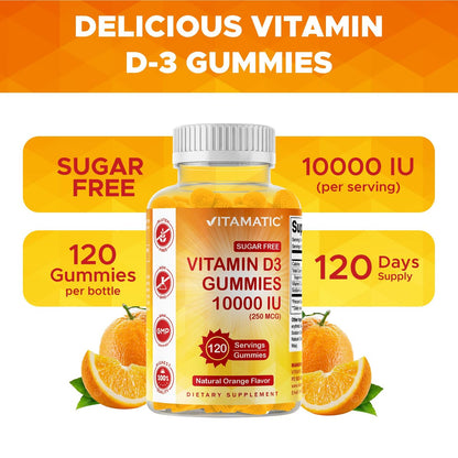 Vitamatic Zuckerfreies Vitamin D3 10000 IE – 120 Pektinbasierte Gummis – Großartiger Geschmack – Für gesunde Knochen, Stimmung & Immunsystem – Non-GMO – 120 Portionen