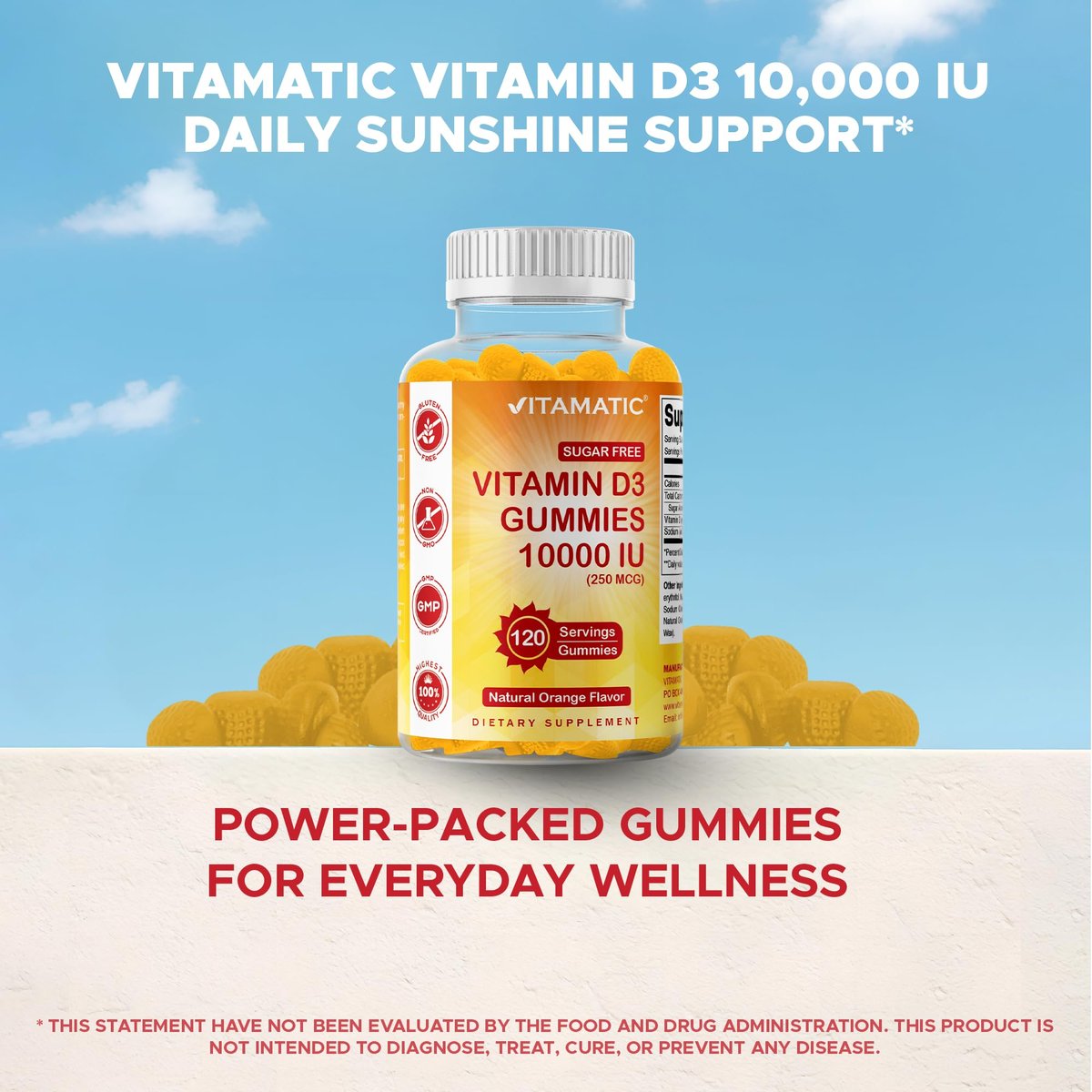 Vitamatic Zuckerfreies Vitamin D3 10000 IE – 120 Pektinbasierte Gummis – Großartiger Geschmack – Für gesunde Knochen, Stimmung & Immunsystem – Non-GMO – 120 Portionen