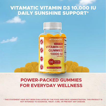 Vitamatic Zuckerfreies Vitamin D3 10000 IE – 120 Pektinbasierte Gummis – Großartiger Geschmack – Für gesunde Knochen, Stimmung & Immunsystem – Non-GMO – 120 Portionen