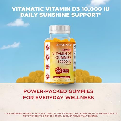 Vitamatic Zuckerfreies Vitamin D3 10000 IE – 120 Pektinbasierte Gummis – Großartiger Geschmack – Für gesunde Knochen, Stimmung & Immunsystem – Non-GMO – 120 Portionen