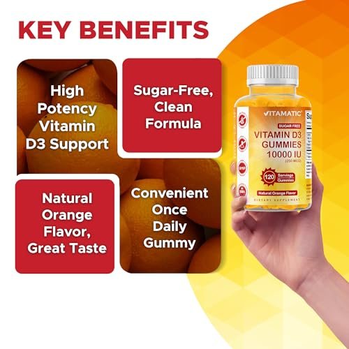 Vitamatic Zuckerfreies Vitamin D3 10000 IE – 120 Pektinbasierte Gummis – Großartiger Geschmack – Für gesunde Knochen, Stimmung & Immunsystem – Non-GMO – 120 Portionen