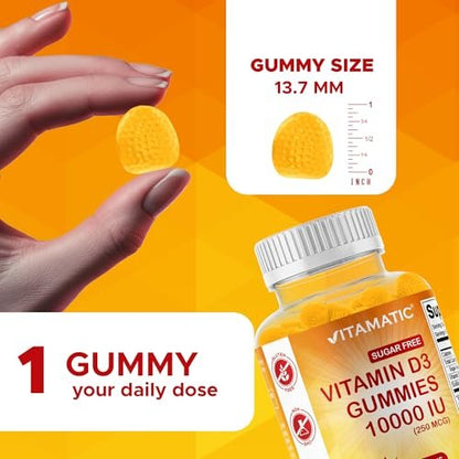 Vitamatic Zuckerfreies Vitamin D3 10000 IE – 120 Pektinbasierte Gummis – Großartiger Geschmack – Für gesunde Knochen, Stimmung & Immunsystem – Non-GMO – 120 Portionen