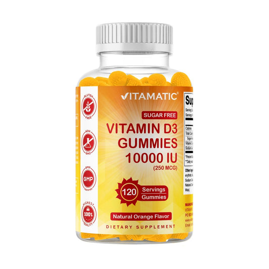 Vitamatic Zuckerfreies Vitamin D3 10000 IE – 120 Pektinbasierte Gummis – Großartiger Geschmack – Für gesunde Knochen, Stimmung & Immunsystem – Non-GMO – 120 Portionen