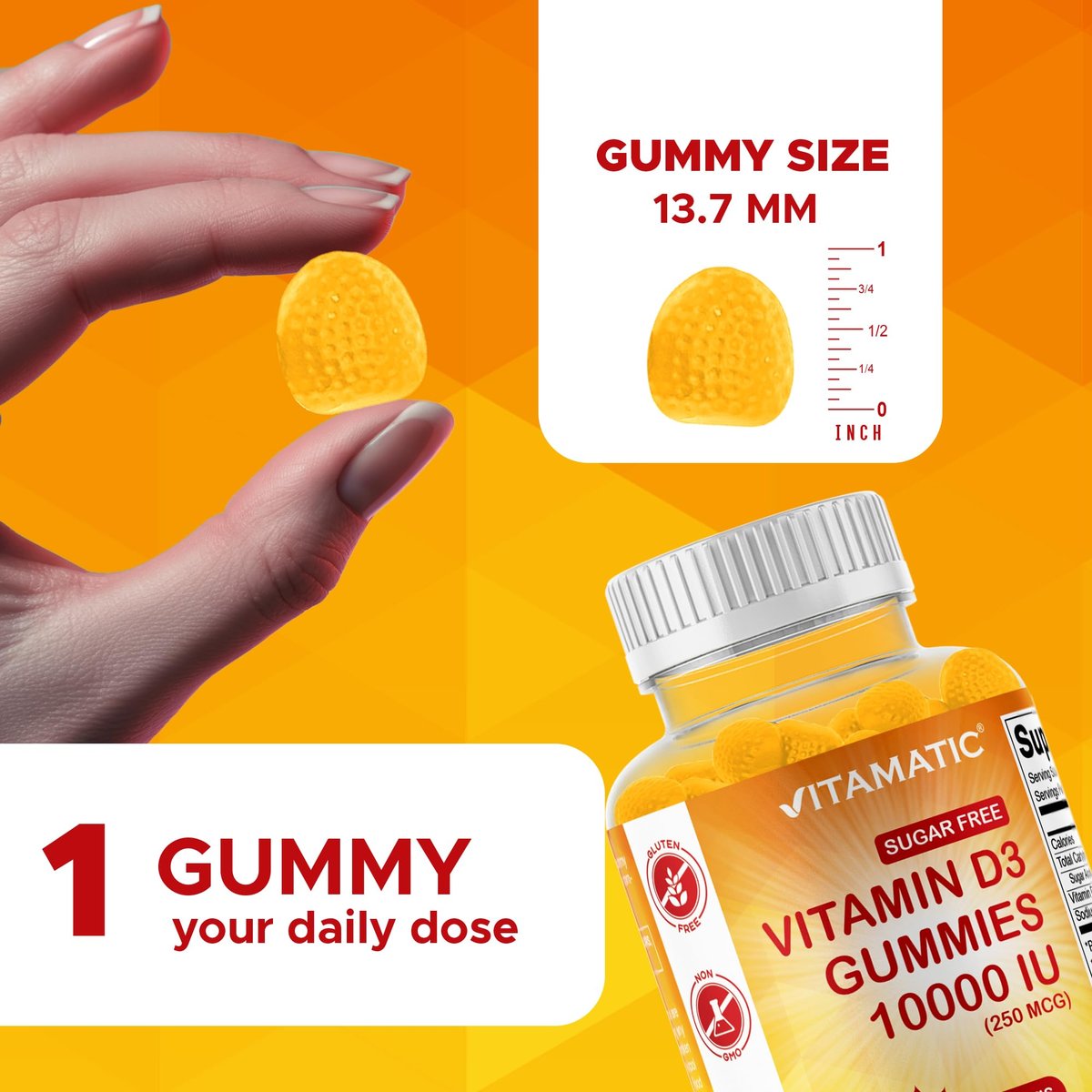 Vitamatic Zuckerfreies Vitamin D3 10000 IE – 120 Pektinbasierte Gummis – Großartiger Geschmack – Für gesunde Knochen, Stimmung & Immunsystem – Non-GMO – 120 Portionen
