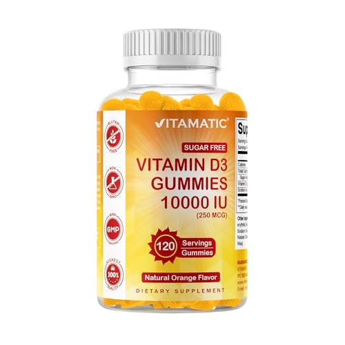 Vitamatic Zuckerfreies Vitamin D3 10000 IE – 120 Pektinbasierte Gummis – Großartiger Geschmack – Für gesunde Knochen, Stimmung & Immunsystem – Non-GMO – 120 Portionen