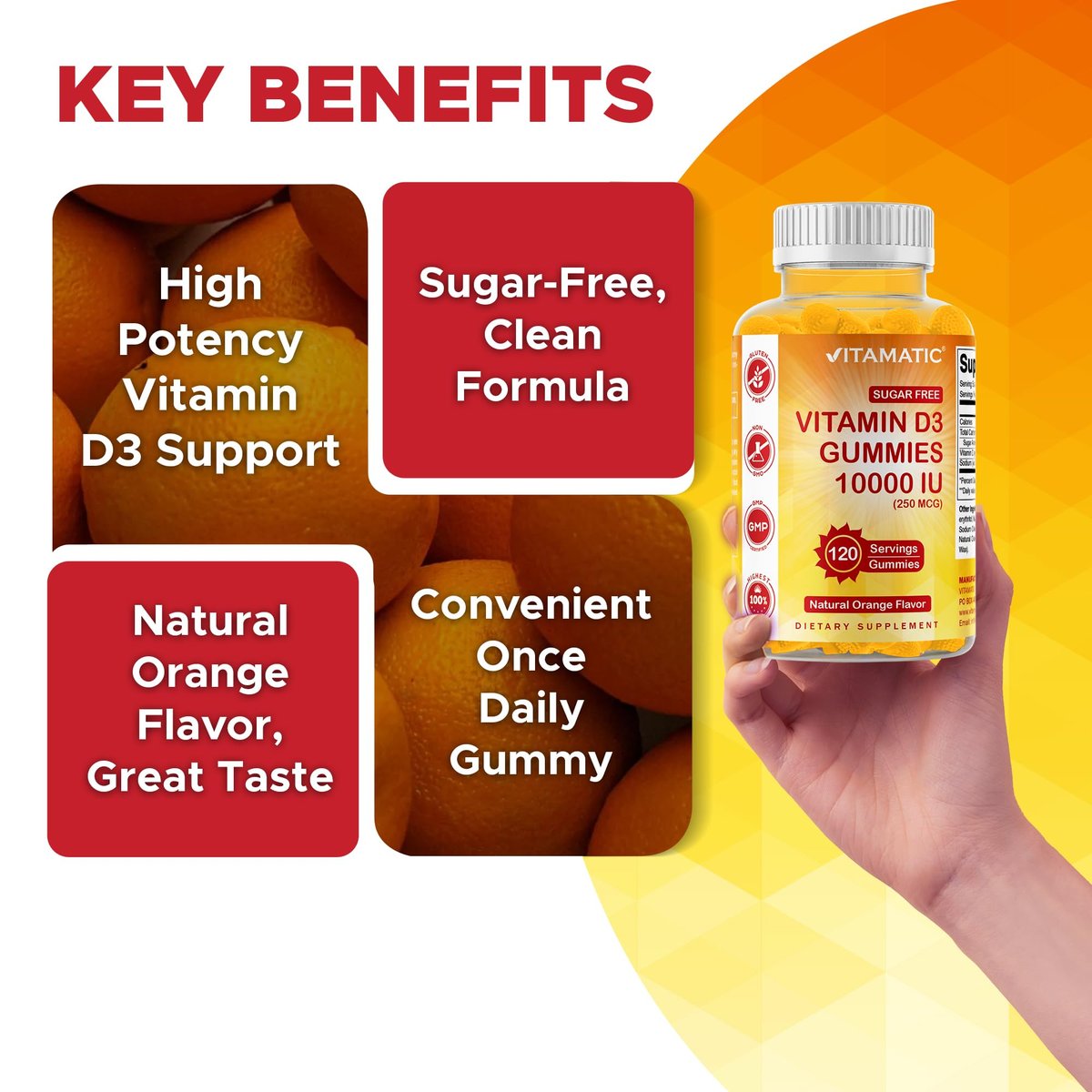 Vitamatic Zuckerfreies Vitamin D3 10000 IE – 120 Pektinbasierte Gummis – Großartiger Geschmack – Für gesunde Knochen, Stimmung & Immunsystem – Non-GMO – 120 Portionen