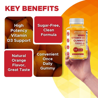 Vitamatic Zuckerfreies Vitamin D3 10000 IE – 120 Pektinbasierte Gummis – Großartiger Geschmack – Für gesunde Knochen, Stimmung & Immunsystem – Non-GMO – 120 Portionen