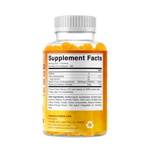 Vitamatic Zuckerfreies Vitamin D3 10000 IE – 120 Pektinbasierte Gummis – Großartiger Geschmack – Für gesunde Knochen, Stimmung & Immunsystem – Non-GMO – 120 Portionen