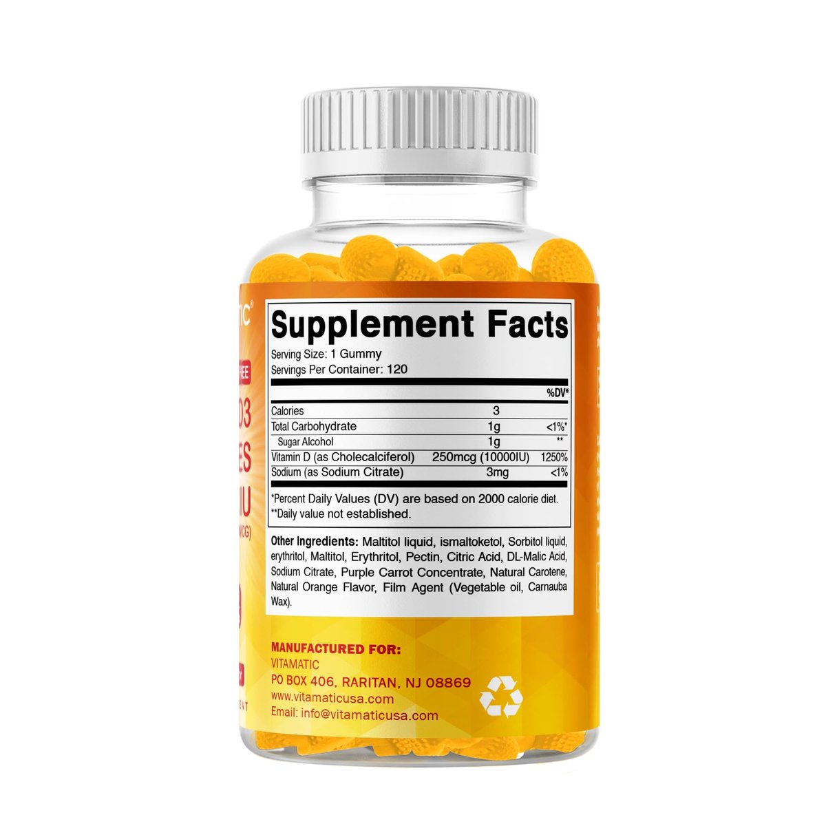 Vitamatic Zuckerfreies Vitamin D3 10000 IE – 120 Pektinbasierte Gummis – Großartiger Geschmack – Für gesunde Knochen, Stimmung & Immunsystem – Non-GMO – 120 Portionen