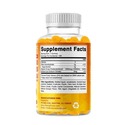 Vitamatic Zuckerfreies Vitamin D3 10000 IE – 120 Pektinbasierte Gummis – Großartiger Geschmack – Für gesunde Knochen, Stimmung & Immunsystem – Non-GMO – 120 Portionen