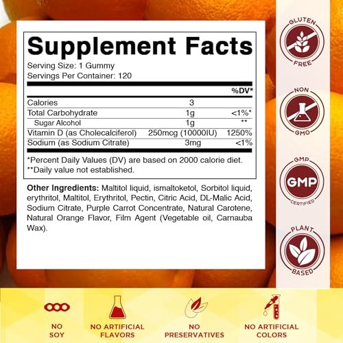 Vitamatic Zuckerfreies Vitamin D3 10000 IE – 120 Pektinbasierte Gummis – Großartiger Geschmack – Für gesunde Knochen, Stimmung & Immunsystem – Non-GMO – 120 Portionen