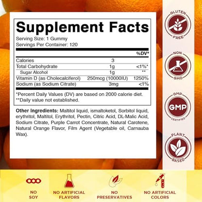 Vitamatic Zuckerfreies Vitamin D3 10000 IE – 120 Pektinbasierte Gummis – Großartiger Geschmack – Für gesunde Knochen, Stimmung & Immunsystem – Non-GMO – 120 Portionen