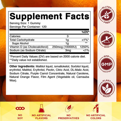 Vitamatic Zuckerfreies Vitamin D3 10000 IE – 120 Pektinbasierte Gummis – Großartiger Geschmack – Für gesunde Knochen, Stimmung & Immunsystem – Non-GMO – 120 Portionen