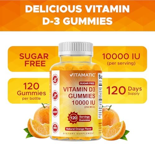 Vitamatic Zuckerfreies Vitamin D3 10000 IE – 120 Pektinbasierte Gummis – Großartiger Geschmack – Für gesunde Knochen, Stimmung & Immunsystem – Non-GMO – 120 Portionen