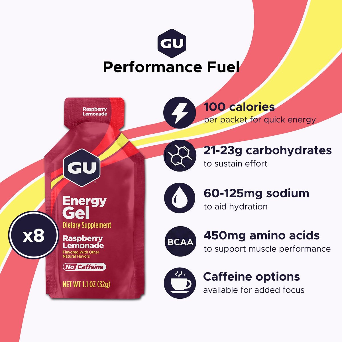 GU Energy Original Sports Nutrition Energy Gel, 8er-Pack, Vegan, Glutenfrei, Koscher und Laktosefrei – Energie für jedes Training, Himbeer-Zitronen-Limo