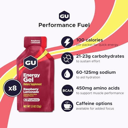 GU Energy Original Sports Nutrition Energy Gel, 8er-Pack, Vegan, Glutenfrei, Koscher und Laktosefrei – Energie für jedes Training, Himbeer-Zitronen-Limo