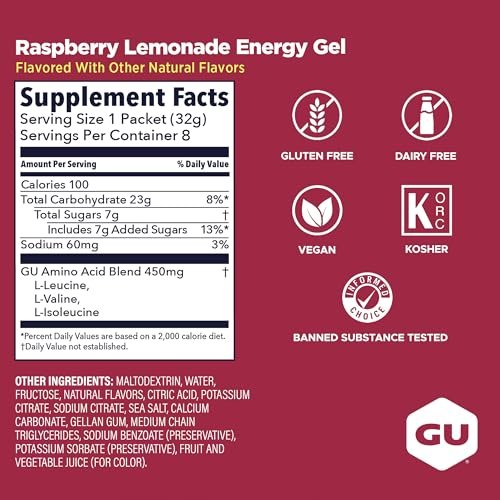 GU Energy Original Sports Nutrition Energy Gel, 8er-Pack, Vegan, Glutenfrei, Koscher und Laktosefrei – Energie für jedes Training, Himbeer-Zitronen-Limo