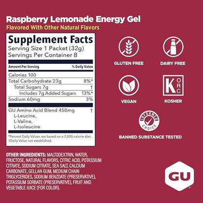 GU Energy Original Sports Nutrition Energy Gel, 8er-Pack, Vegan, Glutenfrei, Koscher und Laktosefrei – Energie für jedes Training, Himbeer-Zitronen-Limo