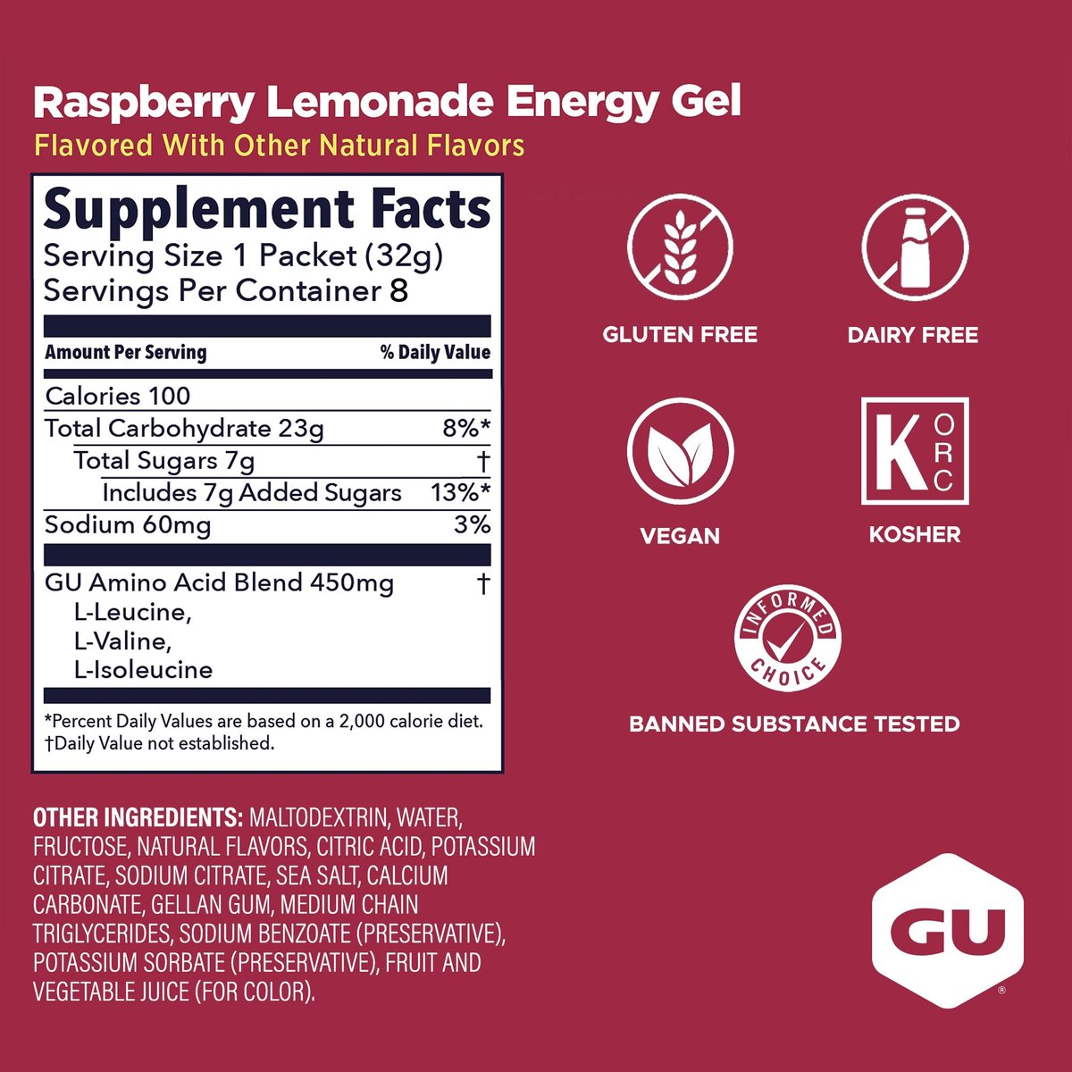 GU Energy Original Sports Nutrition Energy Gel, 8er-Pack, Vegan, Glutenfrei, Koscher und Laktosefrei – Energie für jedes Training, Himbeer-Zitronen-Limo
