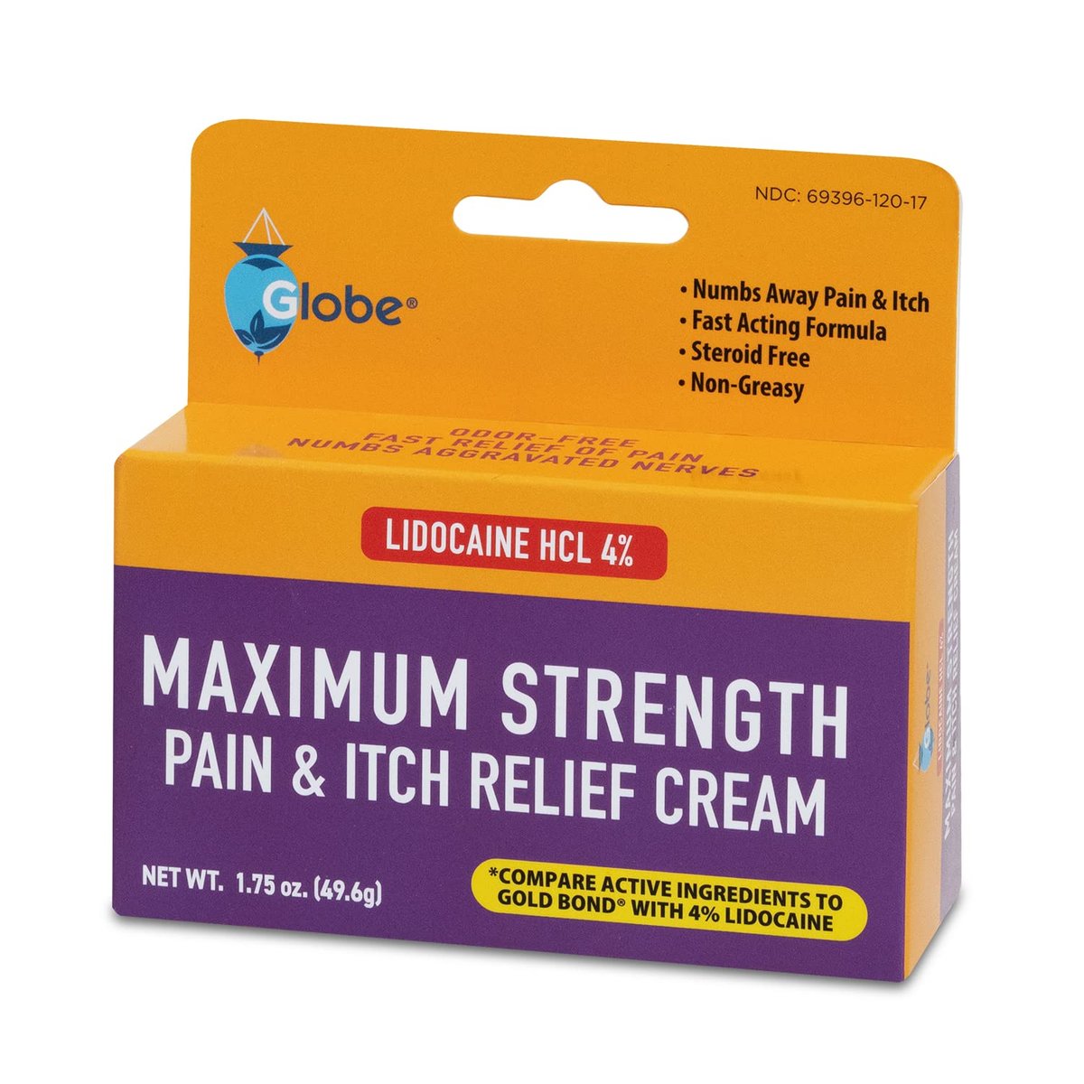 Globe Lidocain 4% Mehrfach-Symptom-Linderungscreme 2er-Pack (je 1,75 oz) – Schmerz- & Juckreizstillend, Steroidfrei, Nicht fettend