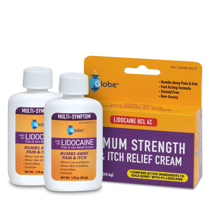 Globe Lidocain 4% Mehrfach-Symptom-Linderungscreme 2er-Pack (je 1,75 oz) – Schmerz- & Juckreizstillend, Steroidfrei, Nicht fettend