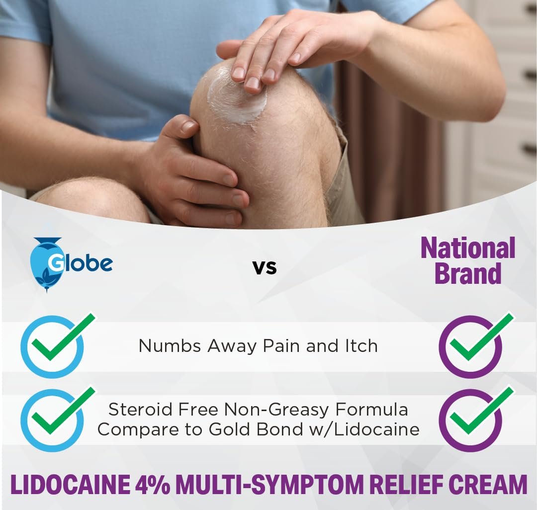 Globe Lidocain 4% Mehrfach-Symptom-Linderungscreme 2er-Pack (je 1,75 oz) – Schmerz- & Juckreizstillend, Steroidfrei, Nicht fettend
