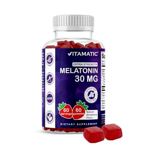 Vitamatic Zuckerfreies Melatonin 30 mg pro Gummibärchen - 60 Portionen - 60 vegane Gummibärchen - Nicht gewohnheitsbildendes Nahrungsergänzungsmittel (60 Stück)