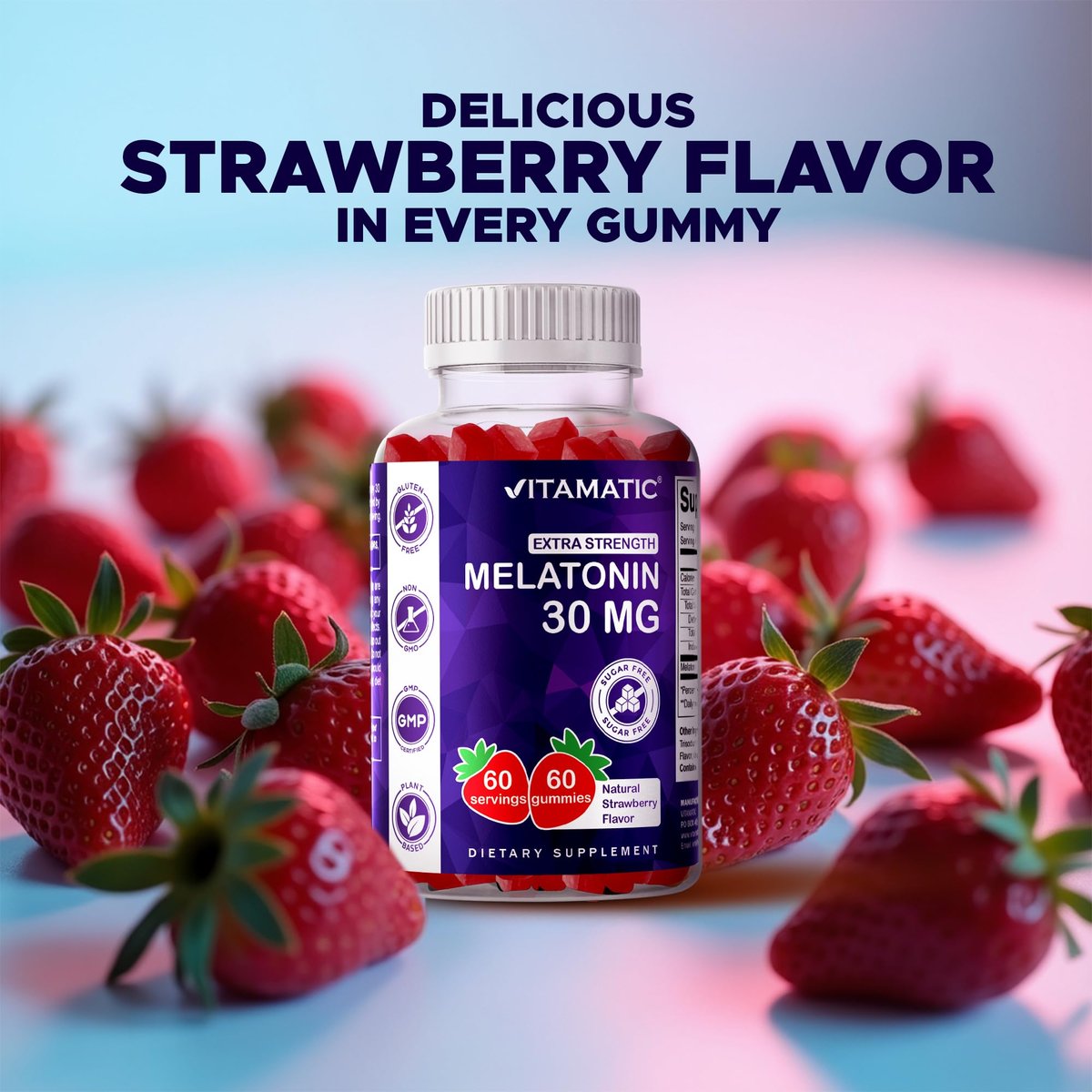Vitamatic Zuckerfreies Melatonin 30 mg pro Gummibärchen - 60 Portionen - 60 vegane Gummibärchen - Nicht gewohnheitsbildendes Nahrungsergänzungsmittel (60 Stück)