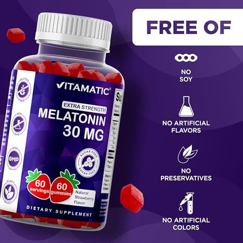 Vitamatic Zuckerfreies Melatonin 30 mg pro Gummibärchen - 60 Portionen - 60 vegane Gummibärchen - Nicht gewohnheitsbildendes Nahrungsergänzungsmittel (60 Stück)