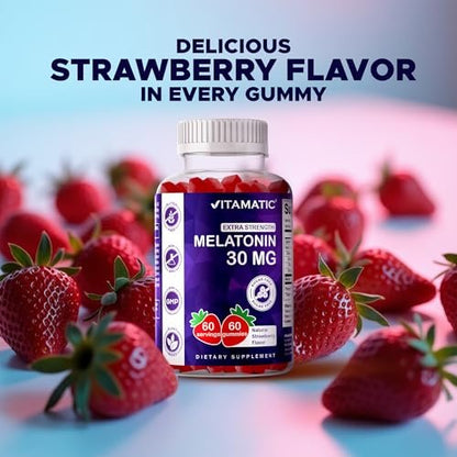 Vitamatic Zuckerfreies Melatonin 30 mg pro Gummibärchen - 60 Portionen - 60 vegane Gummibärchen - Nicht gewohnheitsbildendes Nahrungsergänzungsmittel (60 Stück)