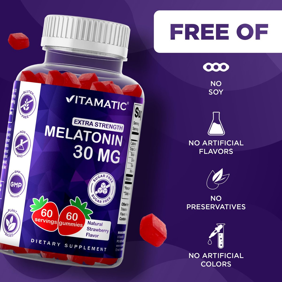 Vitamatic Zuckerfreies Melatonin 30 mg pro Gummibärchen - 60 Portionen - 60 vegane Gummibärchen - Nicht gewohnheitsbildendes Nahrungsergänzungsmittel (60 Stück)
