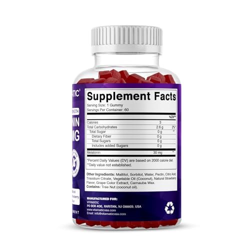 Vitamatic Zuckerfreies Melatonin 30 mg pro Gummibärchen - 60 Portionen - 60 vegane Gummibärchen - Nicht gewohnheitsbildendes Nahrungsergänzungsmittel (60 Stück)