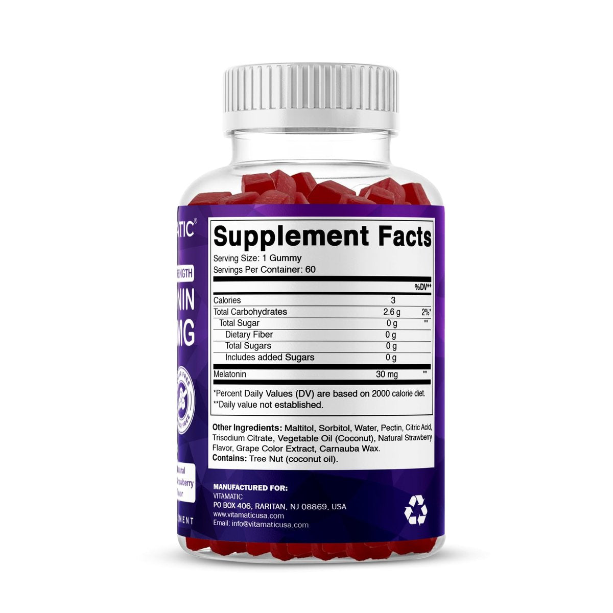 Vitamatic Zuckerfreies Melatonin 30 mg pro Gummibärchen - 60 Portionen - 60 vegane Gummibärchen - Nicht gewohnheitsbildendes Nahrungsergänzungsmittel (60 Stück)