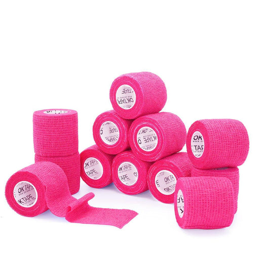 OK TAPE Selbsthaftende elastische Bandage - 12er-Pack, 5 cm x 4,5 m, nicht gewebte selbstklebende Wickelbandage für Daumen, Finger, Handgelenk, Knöchel, Tierbandage (Leuchtendes Pink)
