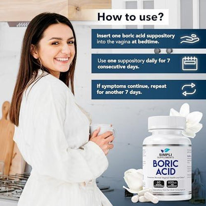 Simpli Supplements Borsäure-Zäpfchen für Frauen 600 mg – 60 Stück | Unterstützt das vaginale pH-Gleichgewicht | Intimpflege | Hilft, Frische zu bewahren und Gerüche zu kontrollieren