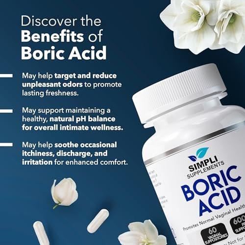 Simpli Supplements Borsäure-Zäpfchen für Frauen 600 mg – 60 Stück | Unterstützt das vaginale pH-Gleichgewicht | Intimpflege | Hilft, Frische zu bewahren und Gerüche zu kontrollieren