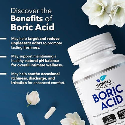 Simpli Supplements Borsäure-Zäpfchen für Frauen 600 mg – 60 Stück | Unterstützt das vaginale pH-Gleichgewicht | Intimpflege | Hilft, Frische zu bewahren und Gerüche zu kontrollieren