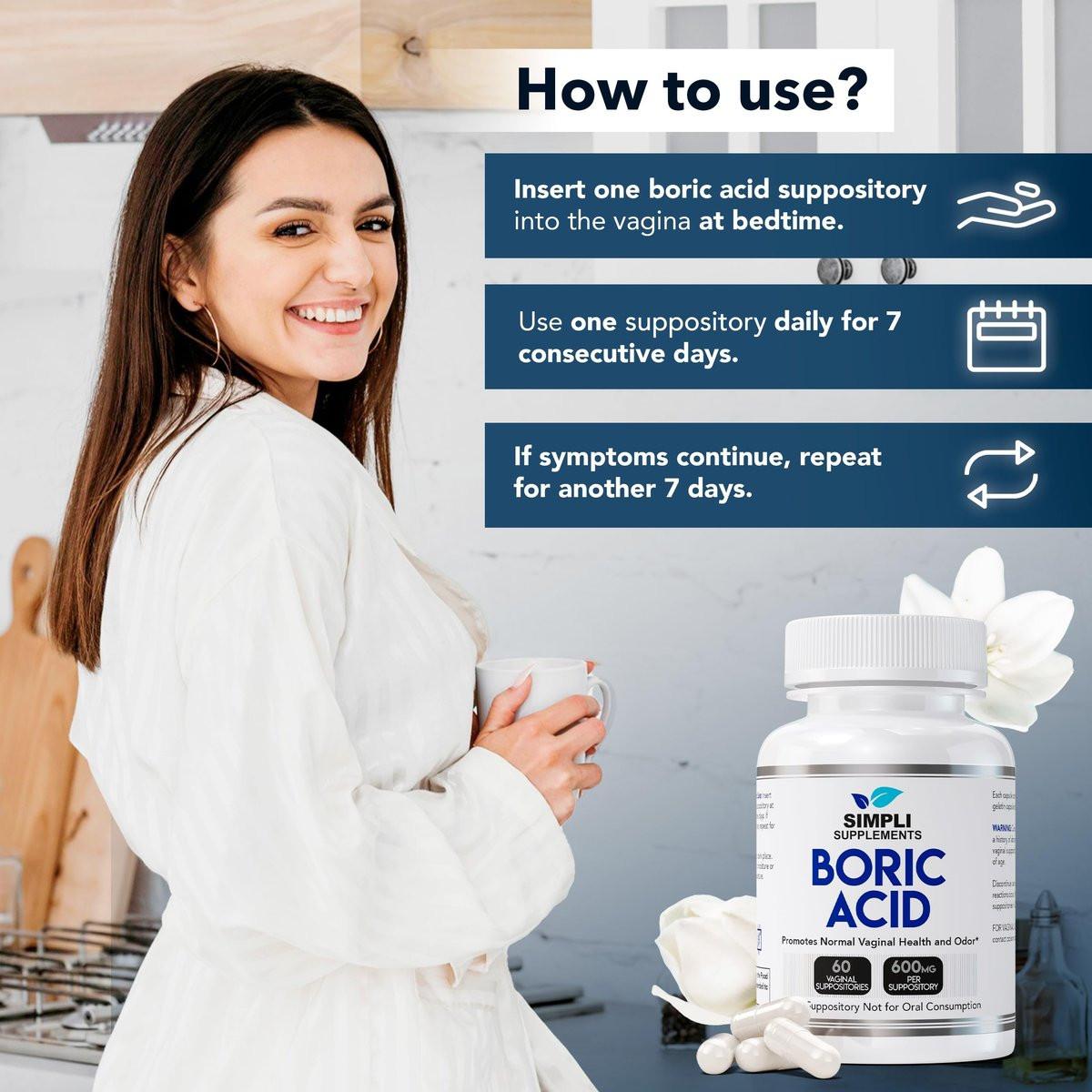 Simpli Supplements Borsäure-Zäpfchen für Frauen 600 mg – 60 Stück | Unterstützt das vaginale pH-Gleichgewicht | Intimpflege | Hilft, Frische zu bewahren und Gerüche zu kontrollieren