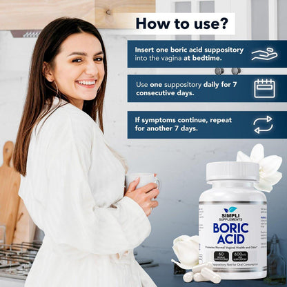 Simpli Supplements Borsäure-Zäpfchen für Frauen 600 mg – 60 Stück | Unterstützt das vaginale pH-Gleichgewicht | Intimpflege | Hilft, Frische zu bewahren und Gerüche zu kontrollieren
