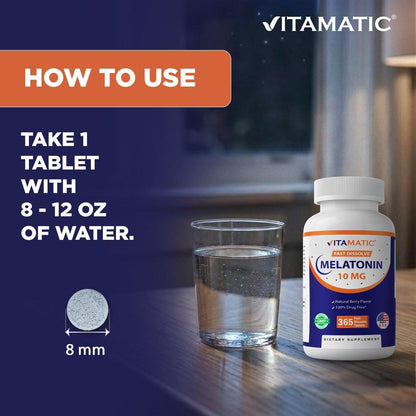 Vitamatic Melatonin 10 mg Fast Dissolve Tabletten – Schnell lösliche Schlafunterstützung für Erwachsene – Vegetarisch, Nicht-GVO & Glutenfrei – Natürlicher Beerengeschmack – 365 Tabletten