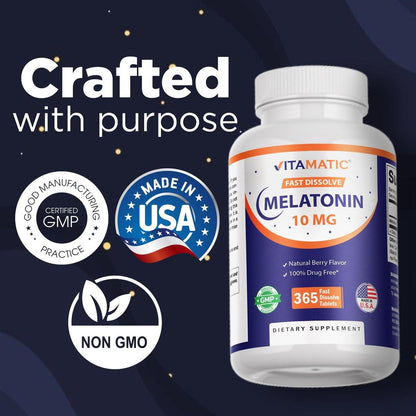 Vitamatic Melatonin 10 mg Fast Dissolve Tabletten – Schnell lösliche Schlafunterstützung für Erwachsene – Vegetarisch, Nicht-GVO & Glutenfrei – Natürlicher Beerengeschmack – 365 Tabletten